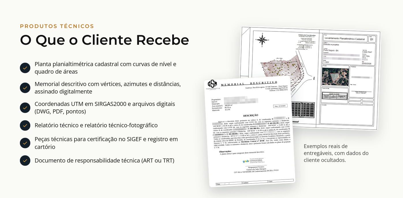 Produtos técnicos entregues: planta planialtimétrica, memorial descritivo, coordenadas SIRGAS2000, relatórios, peças SIGEF e ART/TRT